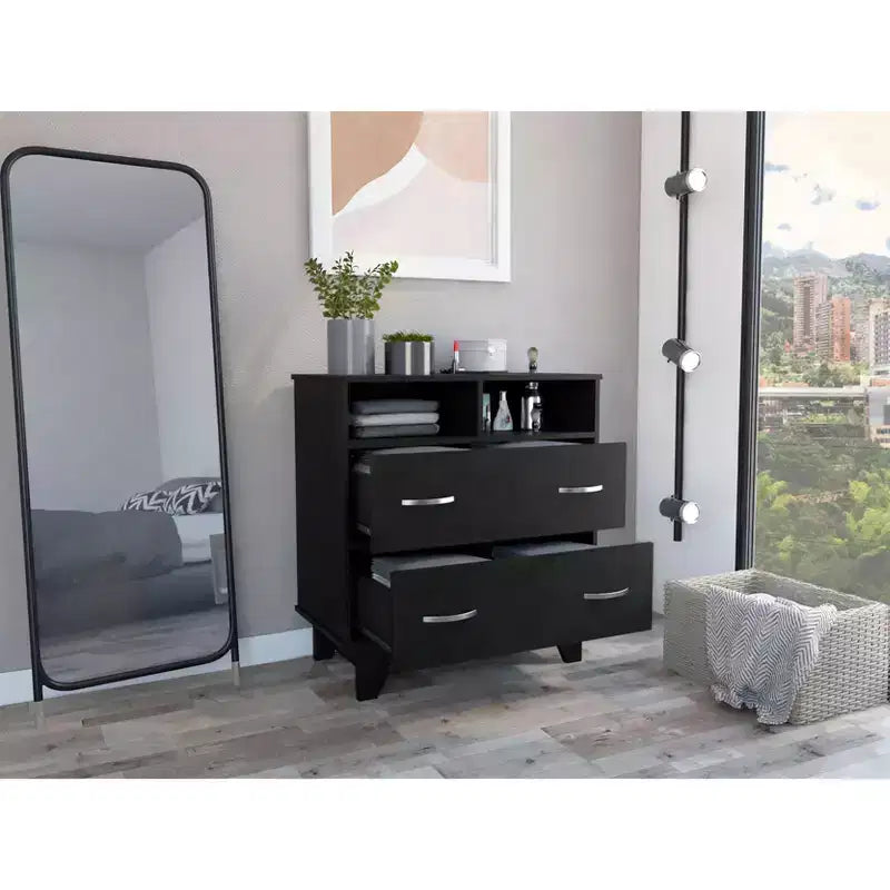 Commode de chambre à coucher moderne Okak avec 2 grands tiroirs et 2 étagères ouvertes, meuble de rangement à quatre pieds pour salon, couloir, entrée