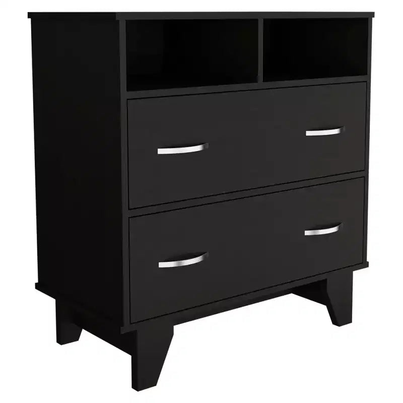 Commode de chambre à coucher moderne Okak avec 2 grands tiroirs et 2 étagères ouvertes, meuble de rangement à quatre pieds pour salon, couloir, entrée