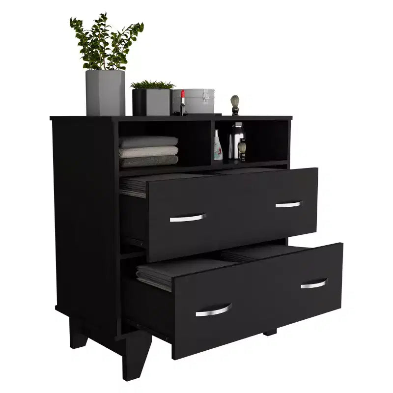 Commode de chambre à coucher moderne Okak avec 2 grands tiroirs et 2 étagères ouvertes, meuble de rangement à quatre pieds pour salon, couloir, entrée