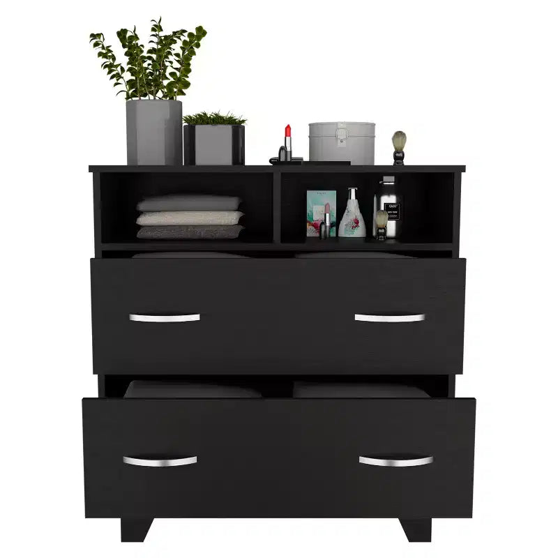 Commode de chambre à coucher moderne Okak avec 2 grands tiroirs et 2 étagères ouvertes, meuble de rangement à quatre pieds pour salon, couloir, entrée