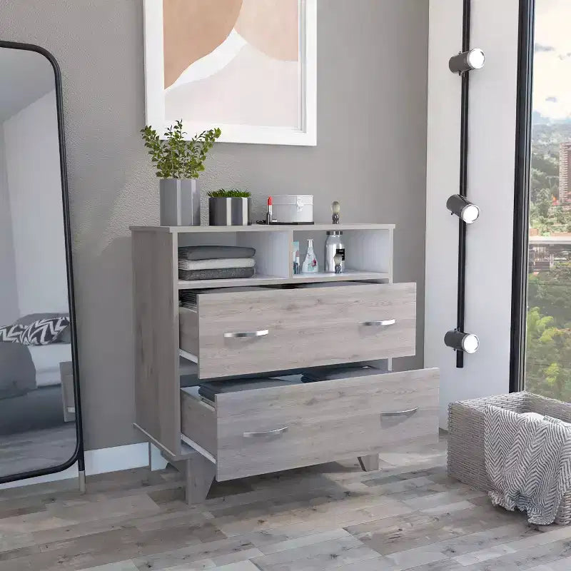 Commode de chambre à coucher moderne Okak avec 2 grands tiroirs et 2 étagères ouvertes, meuble de rangement à quatre pieds pour salon, couloir, entrée