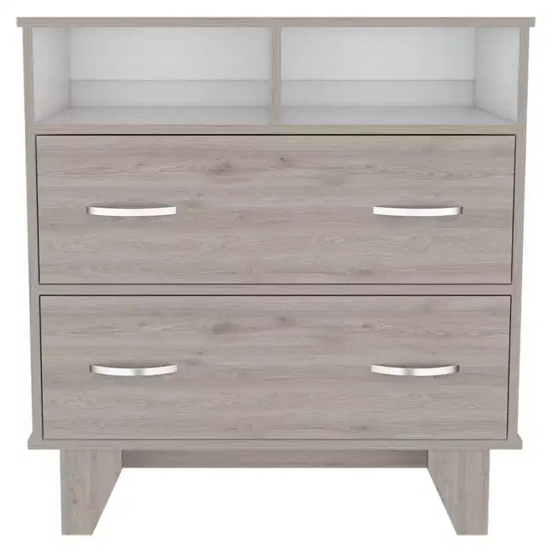 Commode de chambre à coucher moderne Okak avec 2 grands tiroirs et 2 étagères ouvertes, meuble de rangement à quatre pieds pour salon, couloir, entrée