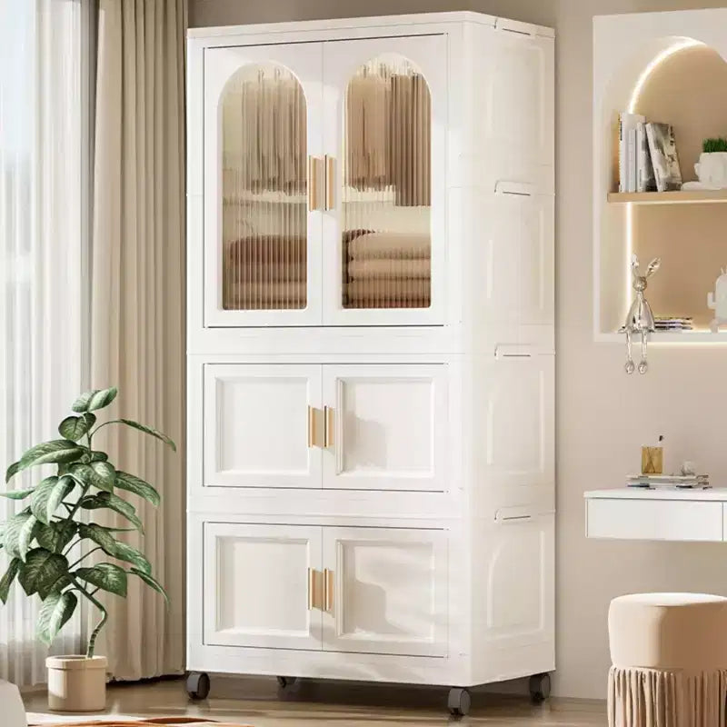 Okak Folding Wardrobe, 25.59 Closet with Wheels & Magnetic Door, Layered Storage Cabinet + 2 Folding Boxes & 10 Hangers for Apartments