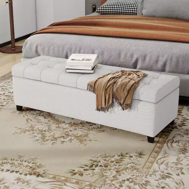 Banc ottoman de rangement moderne Okak avec pieds en bois de bouleau, tabouret de rangement rembourré doux pour salon, entrée, chambre, bout de lit