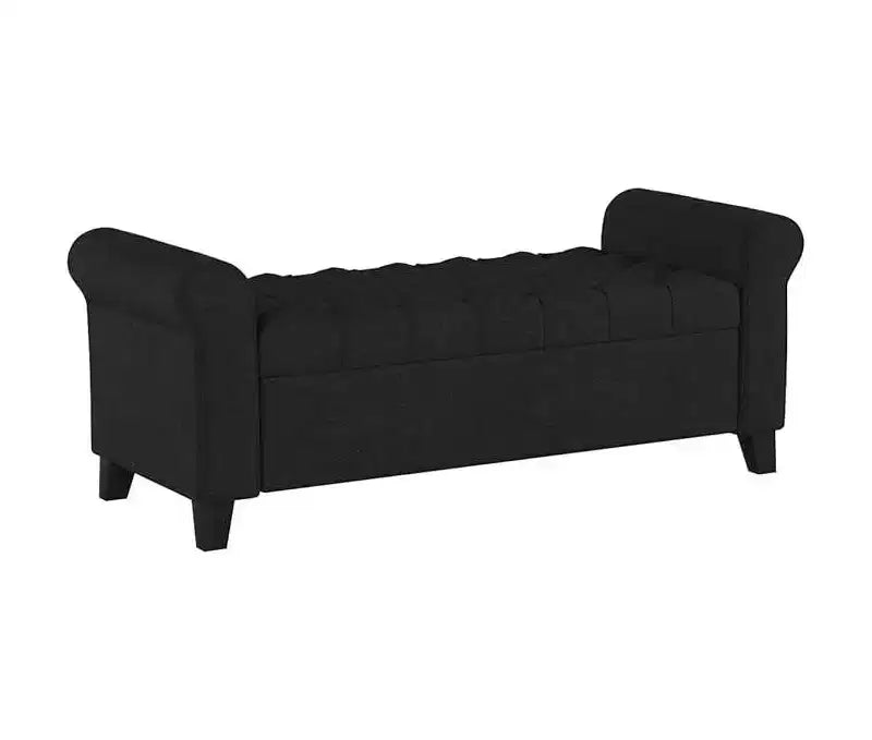 Banc de rangement ottoman de luxe moderne Okak avec accoudoirs roulés, pouf de rangement capitonné à boutons diamant pour salon, entrée, chambre à coucher