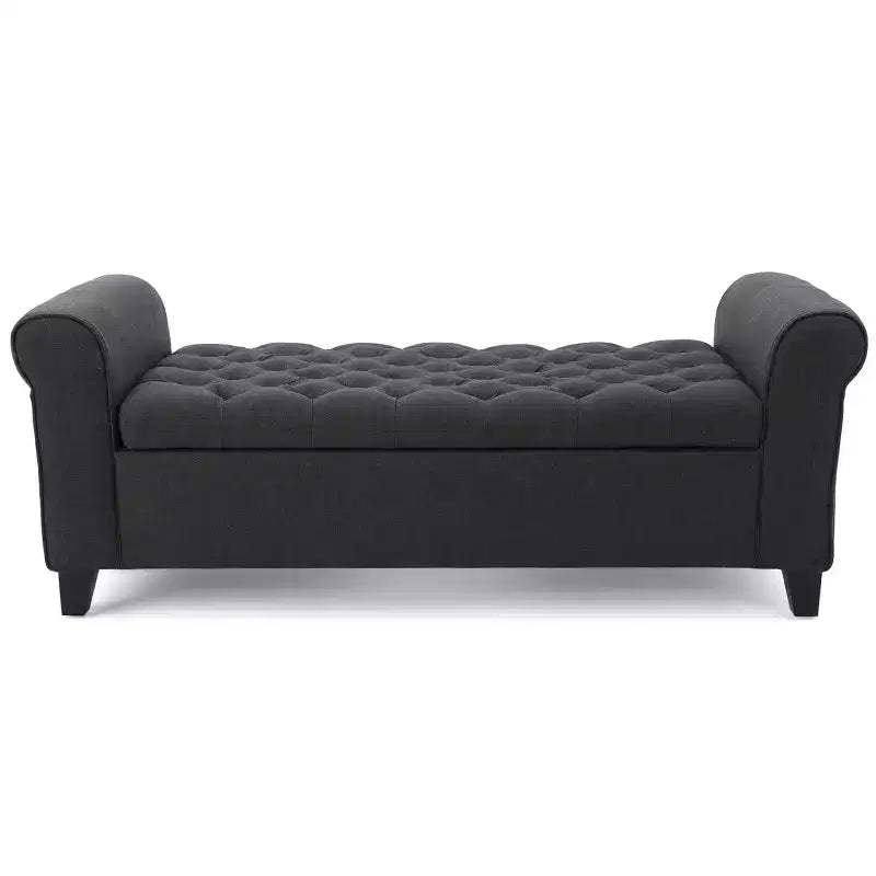 Banc de rangement ottoman de luxe moderne Okak avec accoudoirs roulés, pouf de rangement capitonné à boutons diamant pour salon, entrée, chambre à coucher