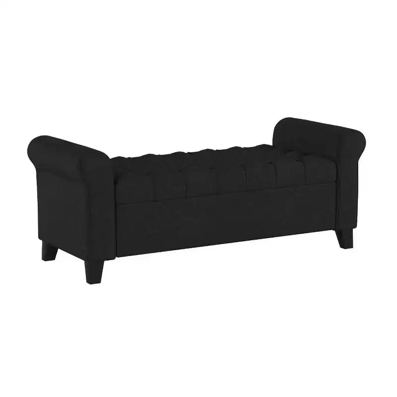 Banc de rangement ottoman de luxe moderne Okak avec accoudoirs roulés, pouf de rangement capitonné à boutons diamant pour salon, entrée, chambre à coucher