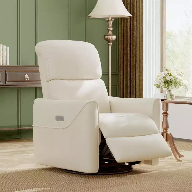 Power Recliner Chair Swivel Glider Upholstered Faux Leather Nursery Rocker Reclining Sofa Chair with Charging Port, Curved Armrests