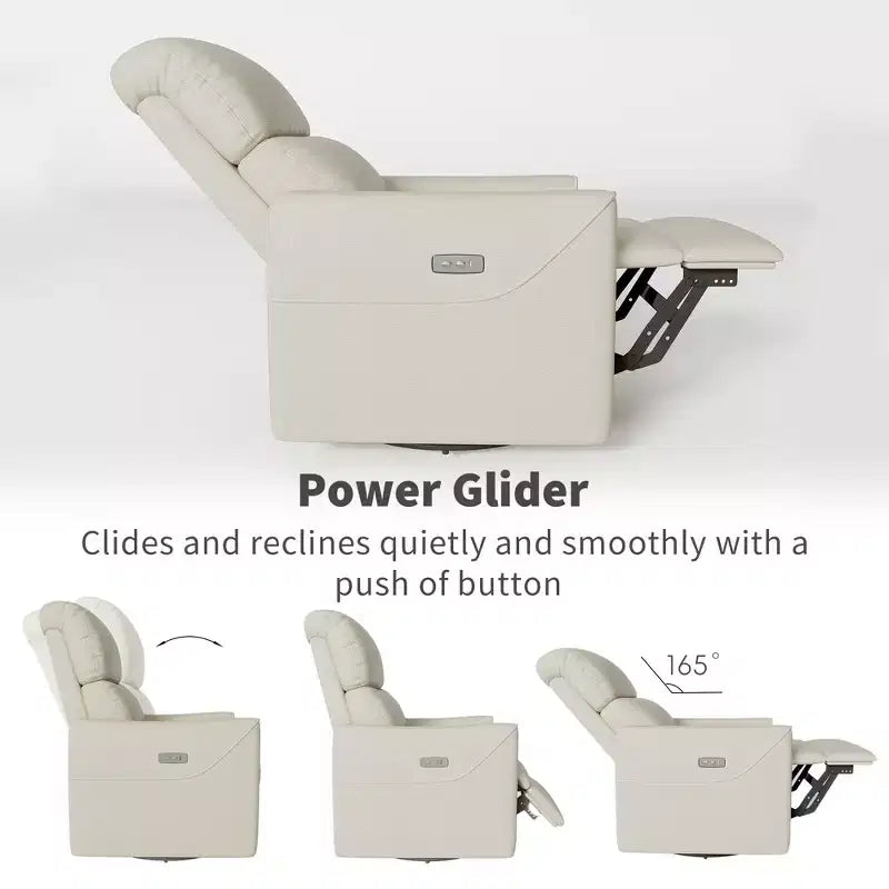 Fauteuil inclinable électrique pivotant et planeur, revêtement en similicuir, fauteuil berçant de nurserie avec port de chargement, accoudoirs incurvés