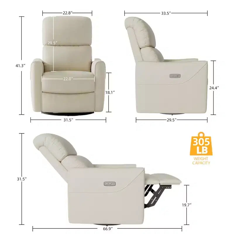Fauteuil inclinable électrique pivotant et planeur, revêtement en similicuir, fauteuil berçant de nurserie avec port de chargement, accoudoirs incurvés
