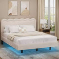 Dyonery Queen fabric bed frame with LED lights, floating bed frame with wavy headboard, no springs required, easy to assemble