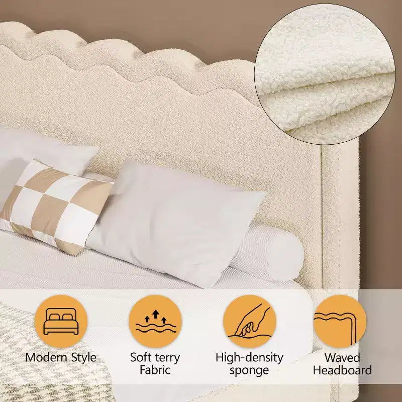 Lit double Dyonery Queen avec lumières LED, cadre flottant avec tête de lit ondulée, pas de sommier à ressorts requis, facile à assembler