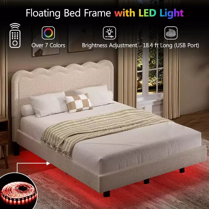 Lit double Dyonery Queen avec lumières LED, cadre flottant avec tête de lit ondulée, pas de sommier à ressorts requis, facile à assembler