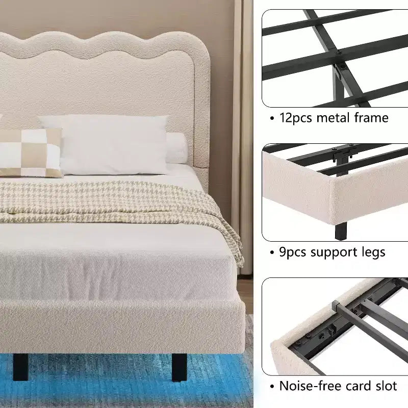 Lit double Dyonery Queen avec lumières LED, cadre flottant avec tête de lit ondulée, pas de sommier à ressorts requis, facile à assembler