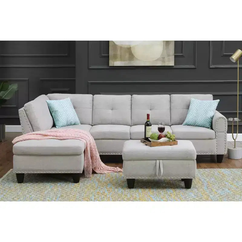 Canapé d'angle Okak 98 avec pouf modulable et 2 coussins décoratifs, chaise longue moderne en lin pour salon, appartement