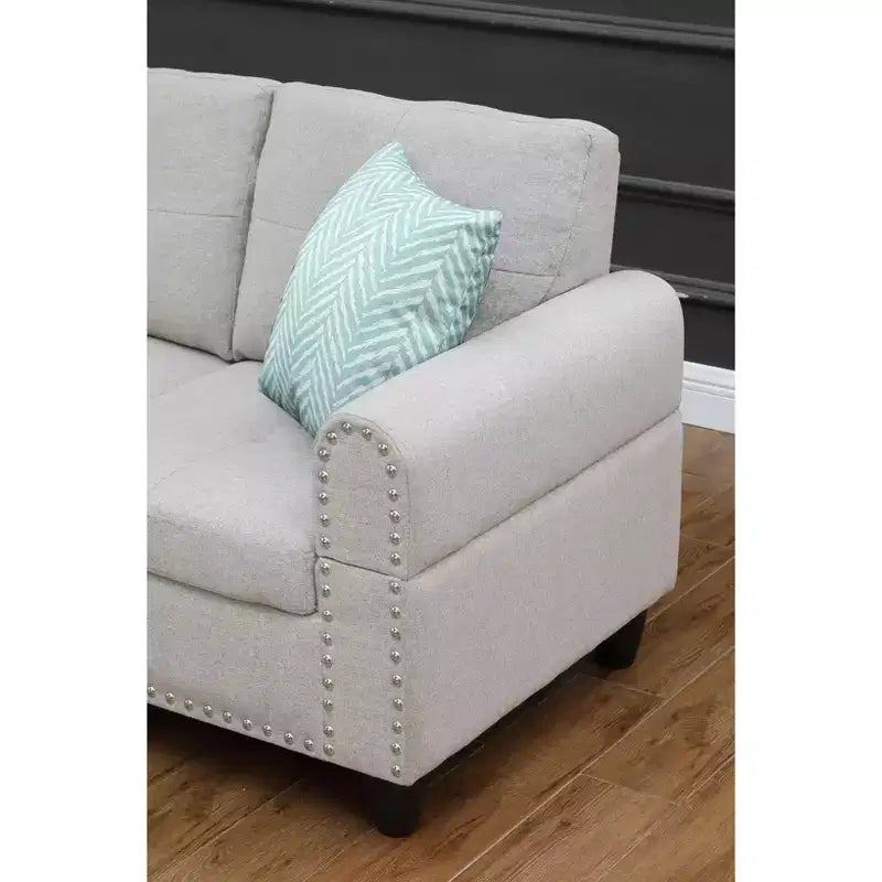 Canapé d'angle Okak 98 avec pouf modulable et 2 coussins décoratifs, chaise longue moderne en lin pour salon, appartement