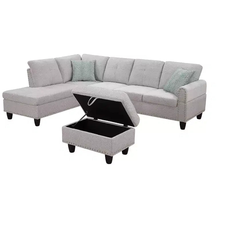 Canapé d'angle Okak 98 avec pouf modulable et 2 coussins décoratifs, chaise longue moderne en lin pour salon, appartement