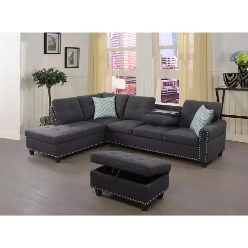 Canapé d'angle Okak 98 avec pouf modulable et 2 coussins décoratifs, chaise longue moderne en lin pour salon, appartement