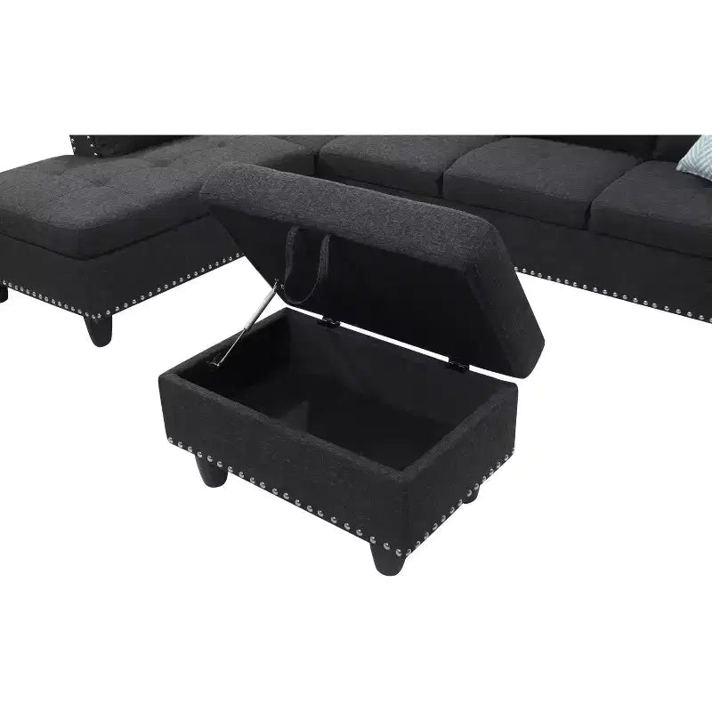Canapé d'angle Okak 98 avec pouf modulable et 2 coussins décoratifs, chaise longue moderne en lin pour salon, appartement