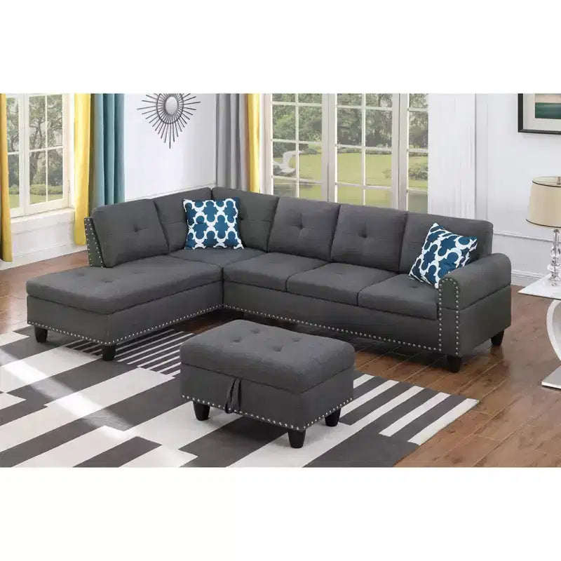 Canapé d'angle Okak 98 avec pouf modulable et 2 coussins décoratifs, chaise longue moderne en lin pour salon, appartement