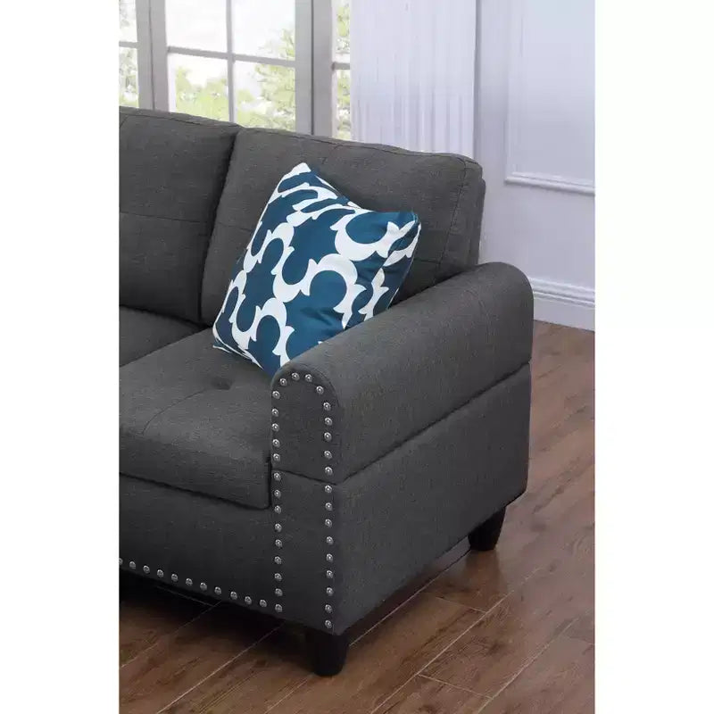 Canapé d'angle Okak 98 avec pouf modulable et 2 coussins décoratifs, chaise longue moderne en lin pour salon, appartement