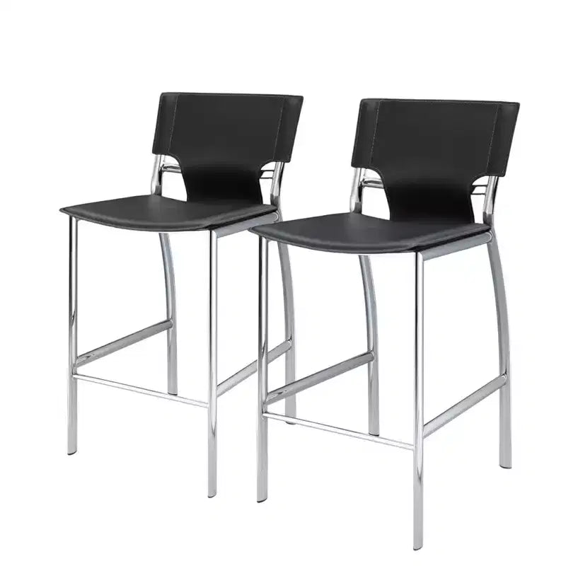HomeRoots Set of Two 25 Gray and Silver Faux Leather and Metal Low Back Counter Height Bar Chairs