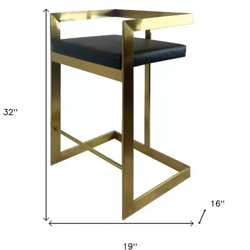 Tabouret de bar HomeRoots 26, hauteur comptoir, en similicuir noir et or et acier inoxydable, dossier bas