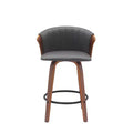 HomeRoots 26 Gray and Wood Brown Faux Leather with Solid Wood Swivel Counter Height Bar Chair