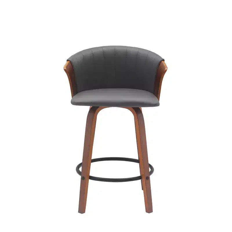 HomeRoots 26 Gray and Wood Brown Faux Leather with Solid Wood Swivel Counter Height Bar Chair