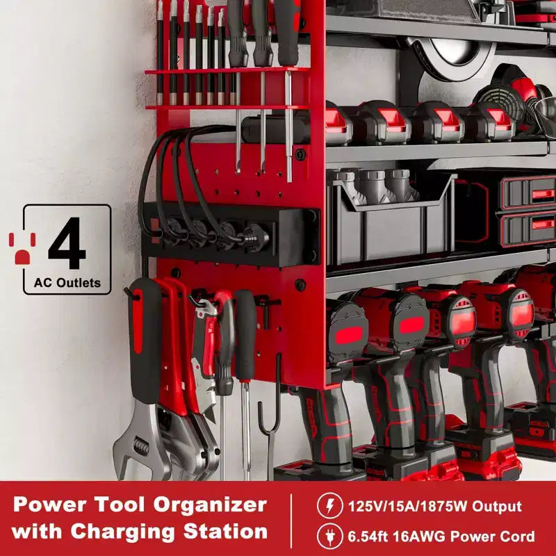 Hausource Étagères de Rangement pour Outils Électriques à 12 Emplacements avec Panneau Perforé, Étagère de Rangement pour Perceuses à 4 Niveaux et Multiprise