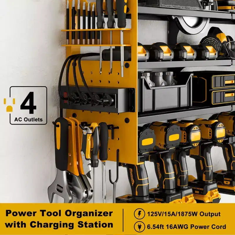 Hausource Étagères de Rangement pour Outils Électriques à 12 Emplacements avec Panneau Perforé, Étagère de Rangement pour Perceuses à 4 Niveaux et Multiprise