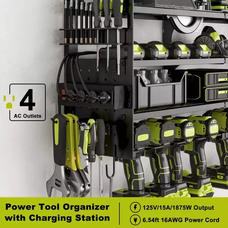 Hausource Étagères de Rangement pour Outils Électriques à 12 Emplacements avec Panneau Perforé, Étagère de Rangement pour Perceuses à 4 Niveaux et Multiprise