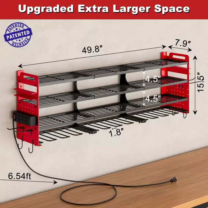 Hausource Étagères de Rangement pour Outils Électriques à 12 Emplacements avec Panneau Perforé, Étagère de Rangement pour Perceuses à 4 Niveaux et Multiprise