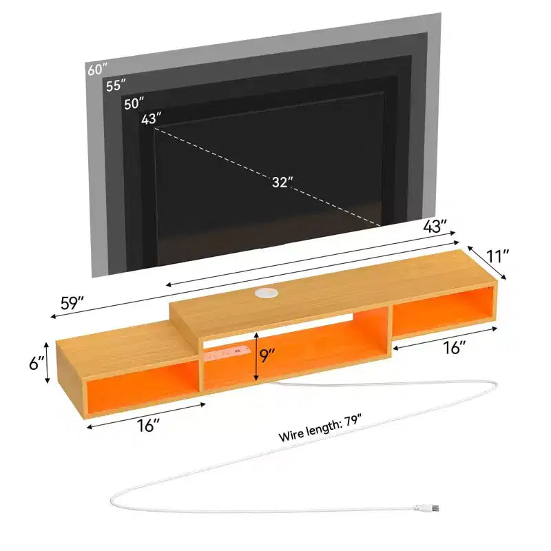 Meuble TV flottant Hausource avec LED RVB, multiprise et rangement – Console multimédia murale élégante