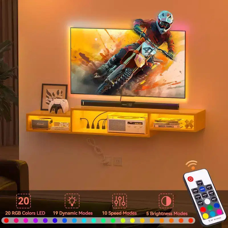 Meuble TV flottant Hausource avec LED RVB, multiprise et rangement – Console multimédia murale élégante