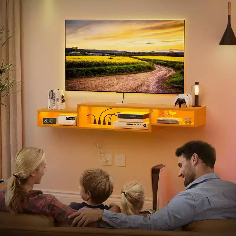 Meuble TV flottant Hausource avec LED RVB, multiprise et rangement – Console multimédia murale élégante
