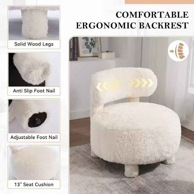 Fauteuil d'appoint sans accoudoirs avec dossier incurvé, en tissu peluche/fourrure, blanc/kaki - ModernLuxe