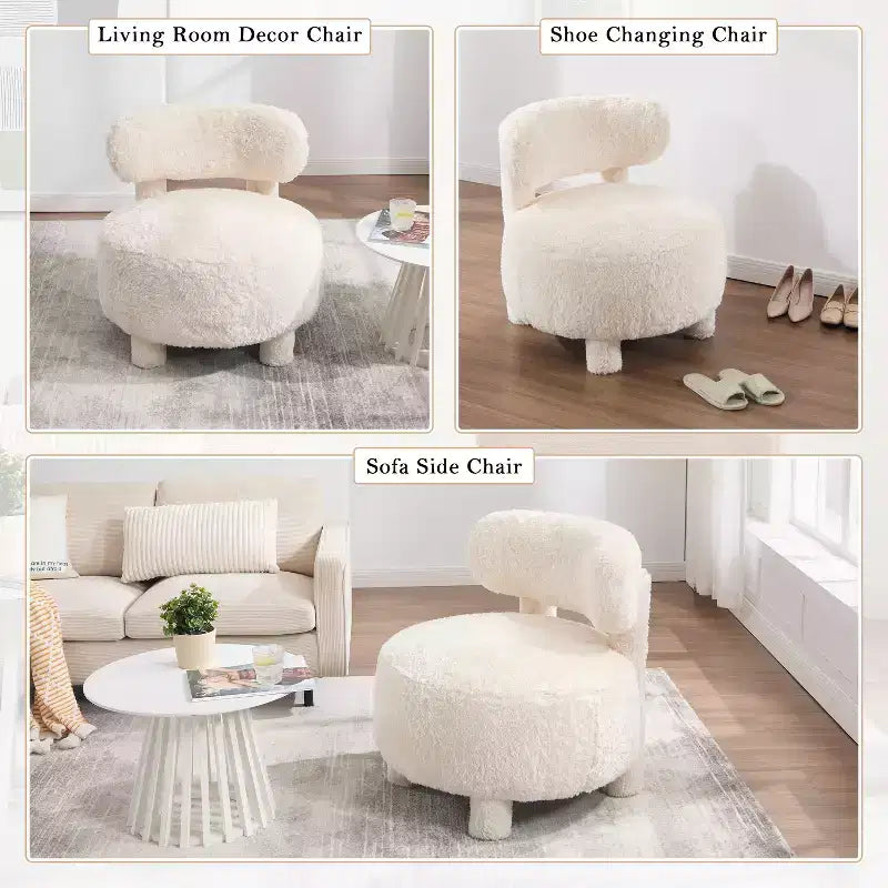Fauteuil d'appoint sans accoudoirs avec dossier incurvé, en tissu peluche/fourrure, blanc/kaki - ModernLuxe