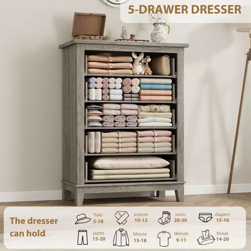 Garvee 5 Commode pour Chambre, Grande Commode à Tiroirs de 105 cm avec Rangement Autonome, Coffre de Rangement en Bois pour Salon, Chambre