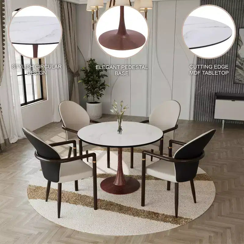 LeisureMod Bristol 35 Table de salle à manger ronde moderne Plateau en MDF durable et base en acier noyer à transfert de bois pour cuisine, salle à manger ou cafés