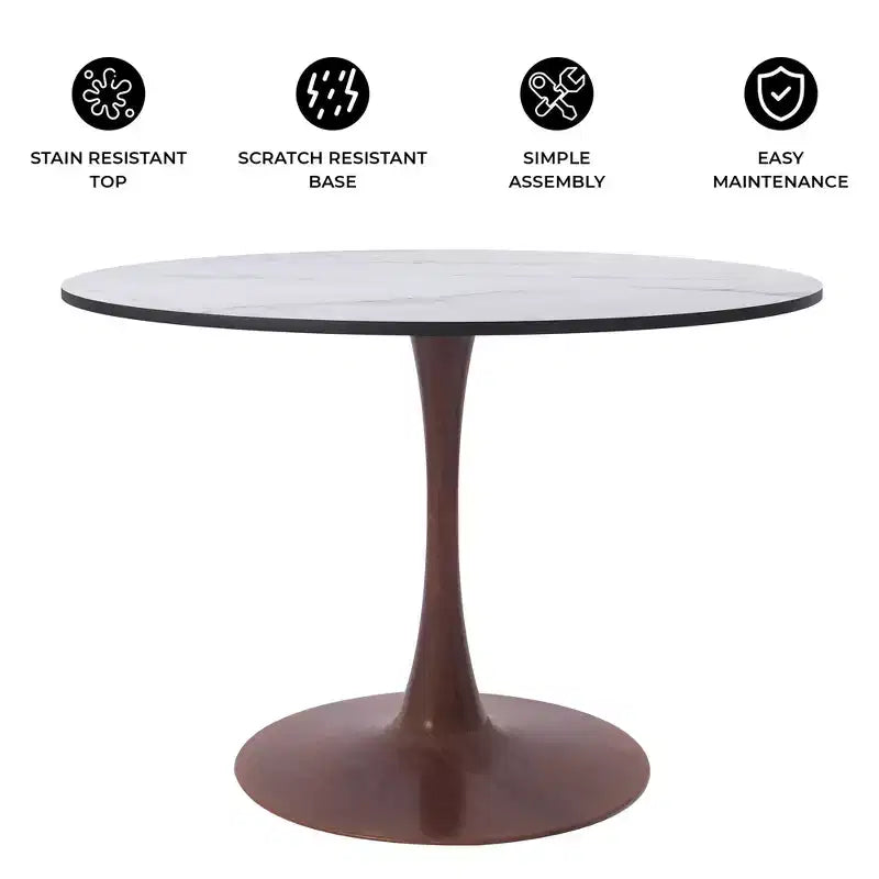 LeisureMod Bristol 35 Table de salle à manger ronde moderne Plateau en MDF durable et base en acier noyer à transfert de bois pour cuisine, salle à manger ou cafés