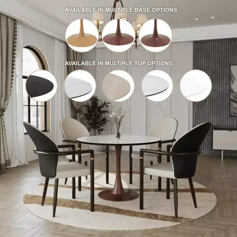 LeisureMod Bristol 35 Table de salle à manger ronde moderne Plateau en MDF durable et base en acier noyer à transfert de bois pour cuisine, salle à manger ou cafés