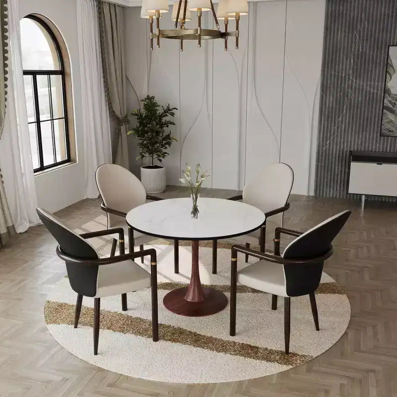 LeisureMod Bristol 35 Table de salle à manger ronde moderne Plateau en MDF durable et base en acier noyer à transfert de bois pour cuisine, salle à manger ou cafés
