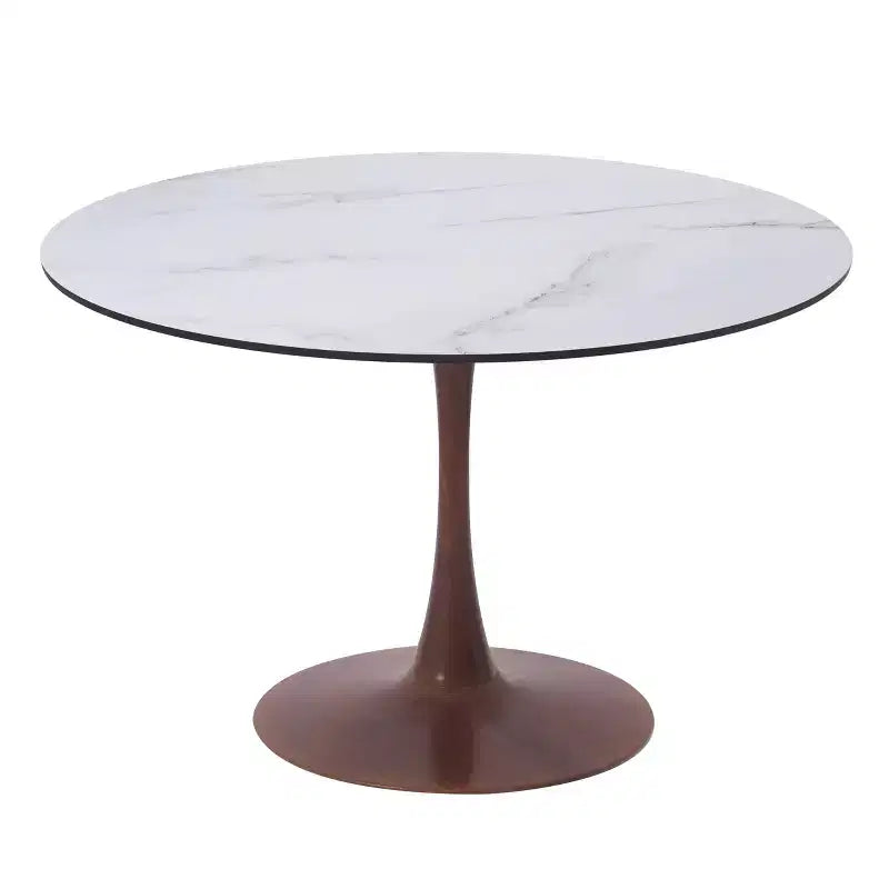 LeisureMod Bristol 35 Table de salle à manger ronde moderne Plateau en MDF durable et base en acier noyer à transfert de bois pour cuisine, salle à manger ou cafés