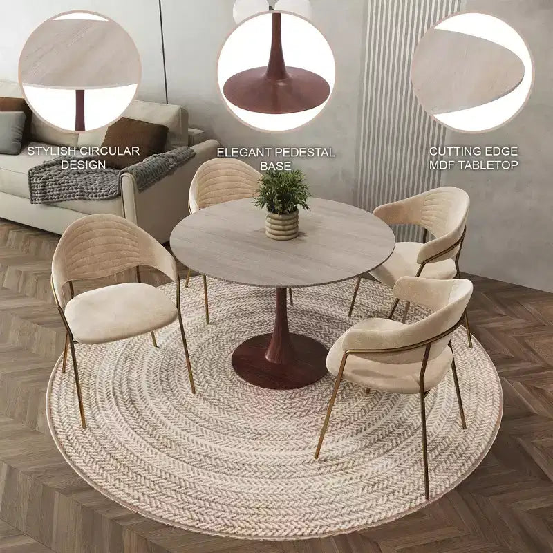 LeisureMod Bristol 35 Table de salle à manger ronde moderne Plateau en MDF durable et base en acier noyer à transfert de bois pour cuisine, salle à manger ou cafés