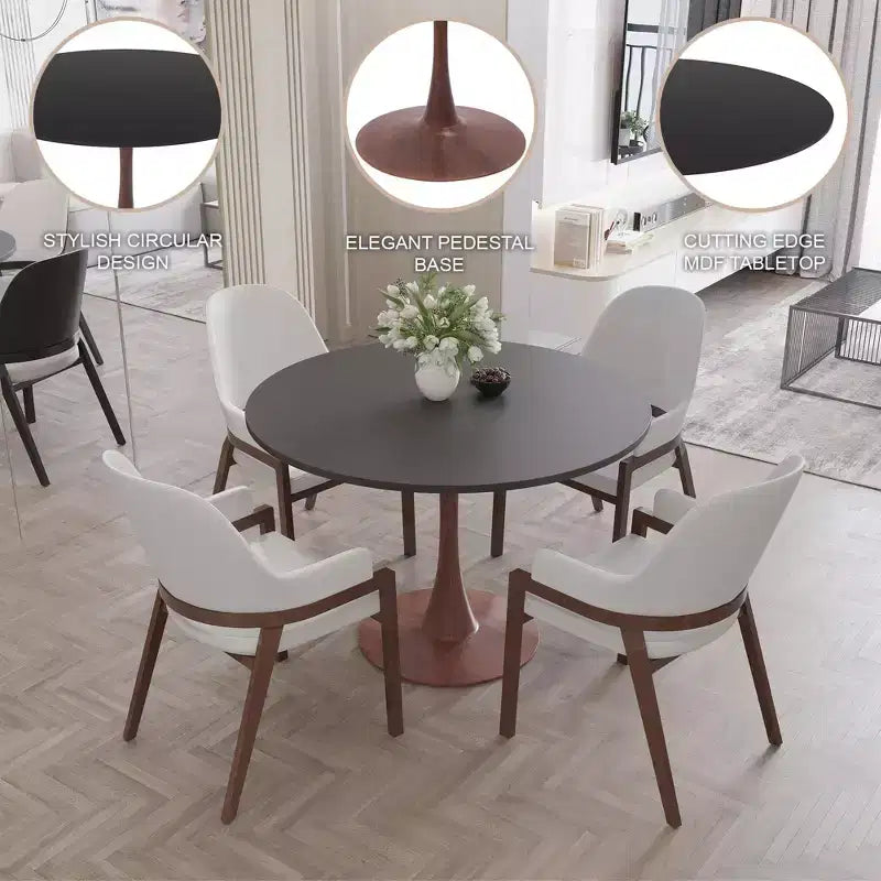 LeisureMod Bristol 35 Table de salle à manger ronde moderne Plateau en MDF durable et base en acier noyer à transfert de bois pour cuisine, salle à manger ou cafés