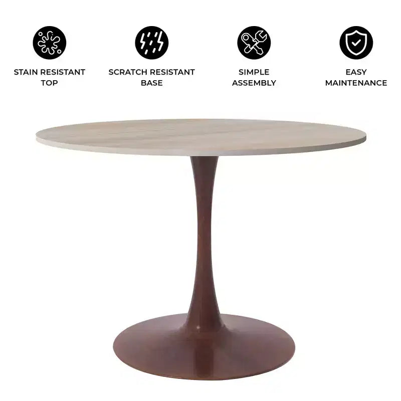 LeisureMod Bristol 35 Table de salle à manger ronde moderne Plateau en MDF durable et base en acier noyer à transfert de bois pour cuisine, salle à manger ou cafés