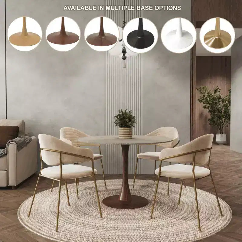 LeisureMod Bristol 35 Table de salle à manger ronde moderne Plateau en MDF durable et base en acier noyer à transfert de bois pour cuisine, salle à manger ou cafés