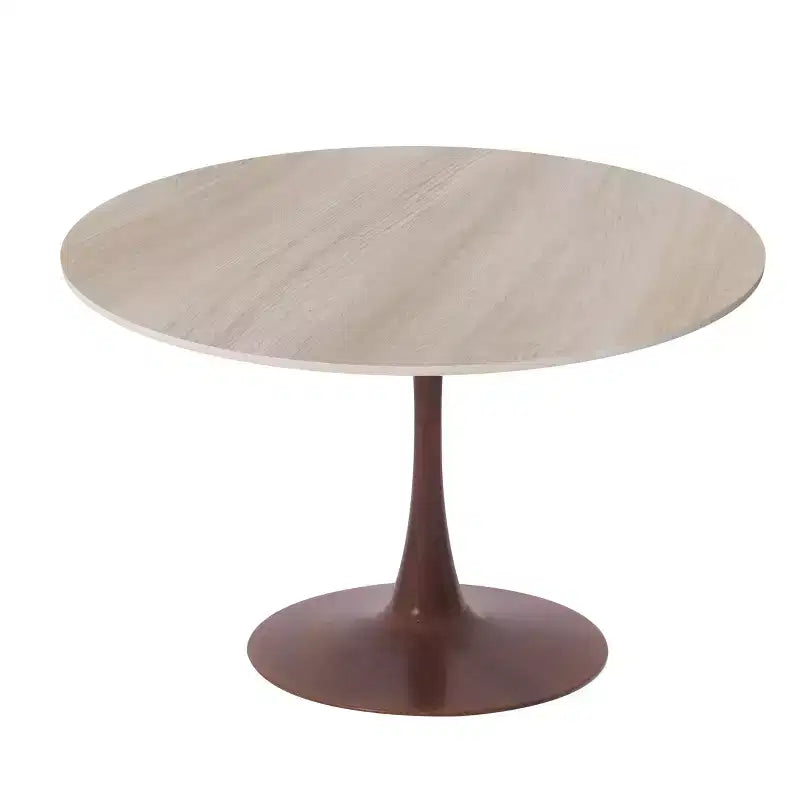 LeisureMod Bristol 35 Table de salle à manger ronde moderne Plateau en MDF durable et base en acier noyer à transfert de bois pour cuisine, salle à manger ou cafés