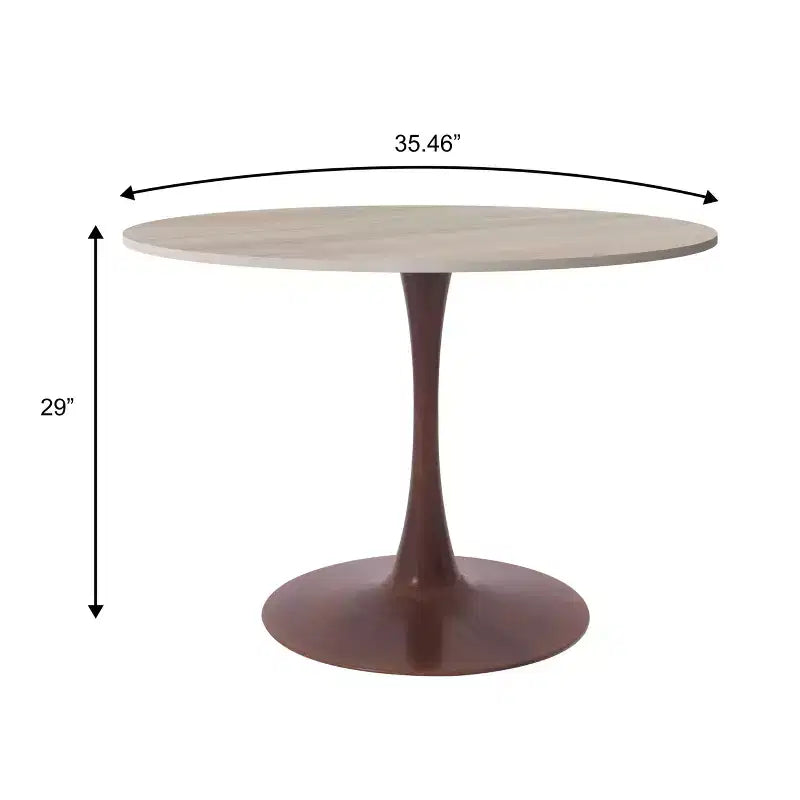 LeisureMod Bristol 35 Table de salle à manger ronde moderne Plateau en MDF durable et base en acier noyer à transfert de bois pour cuisine, salle à manger ou cafés